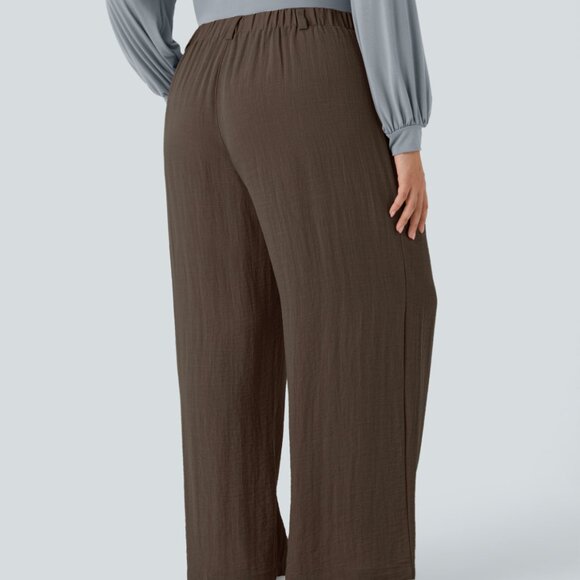 NEW HALARA 1X DARK EARTHY BROWN LINEN FEEL HIGH WAIST WIDE LEG POCKETS PANTS - Picture 4 of 4